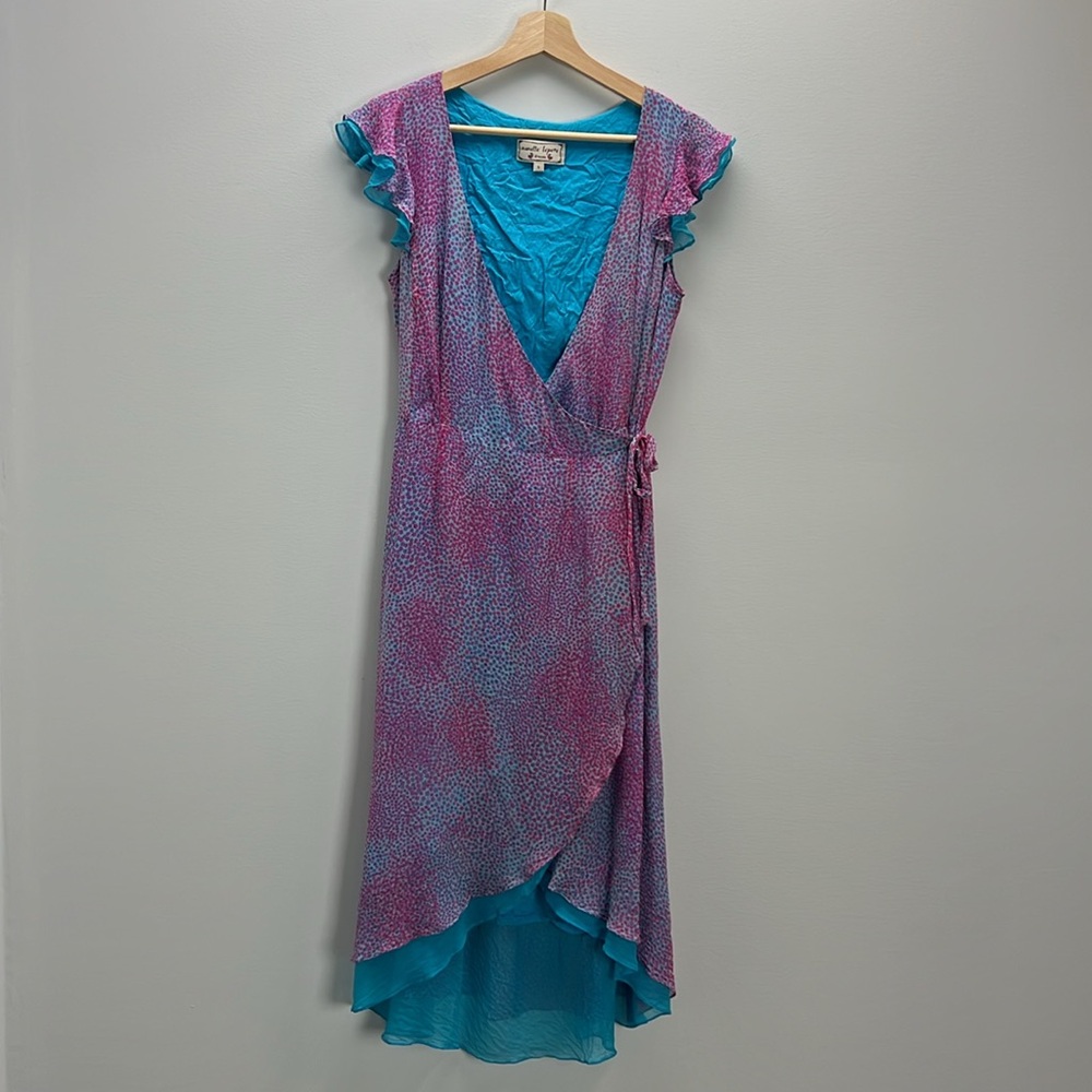 Boho Wrap Dress - Pink & Teal Floral Print- Vintage